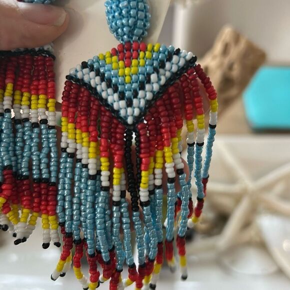 Large beaded dangle earrings ethnic Navajo style turquoise red - Picture 3 of 3